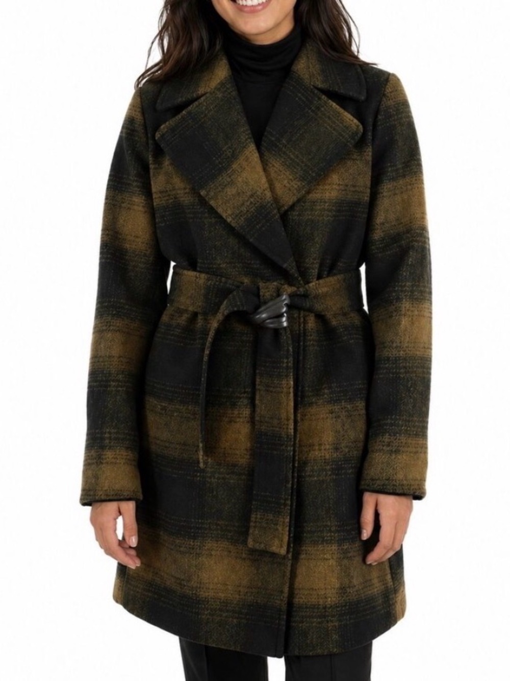 Frye Black & Brown Plaid Belted Pea Coat